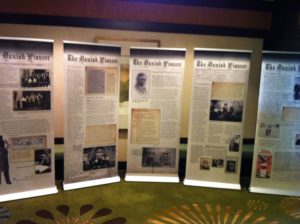 The Danish Pioneer's traveling exhibit consists of five tall panels, which are easy to transport and display. The panels tell the story of the newspaper's unique history from 1872 until today. 