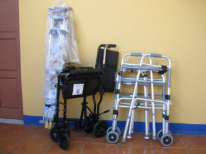 Wheelchairs, walkers and crutches that were donated in Nicaragua.