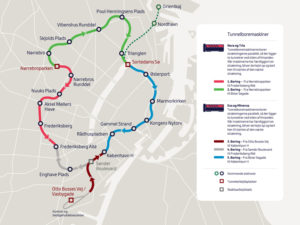 A map of the tunnel boring machines' enormous work in Copenhagen. (Photo courtesy Metroselskabet)